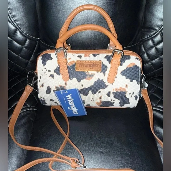 Wrangler NWT Cow Print Crossbody Barrel Handbag - Picture 1 of 7